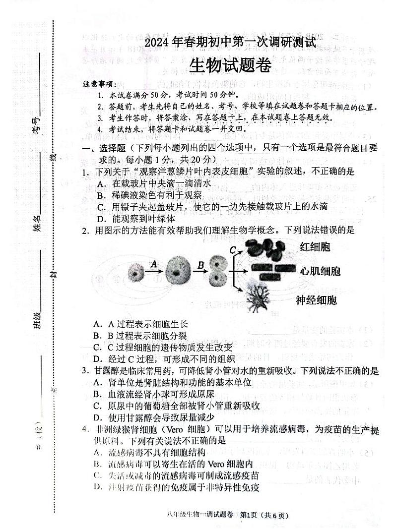 2024河南省南阳市八年级中考一模生物试卷及答案01