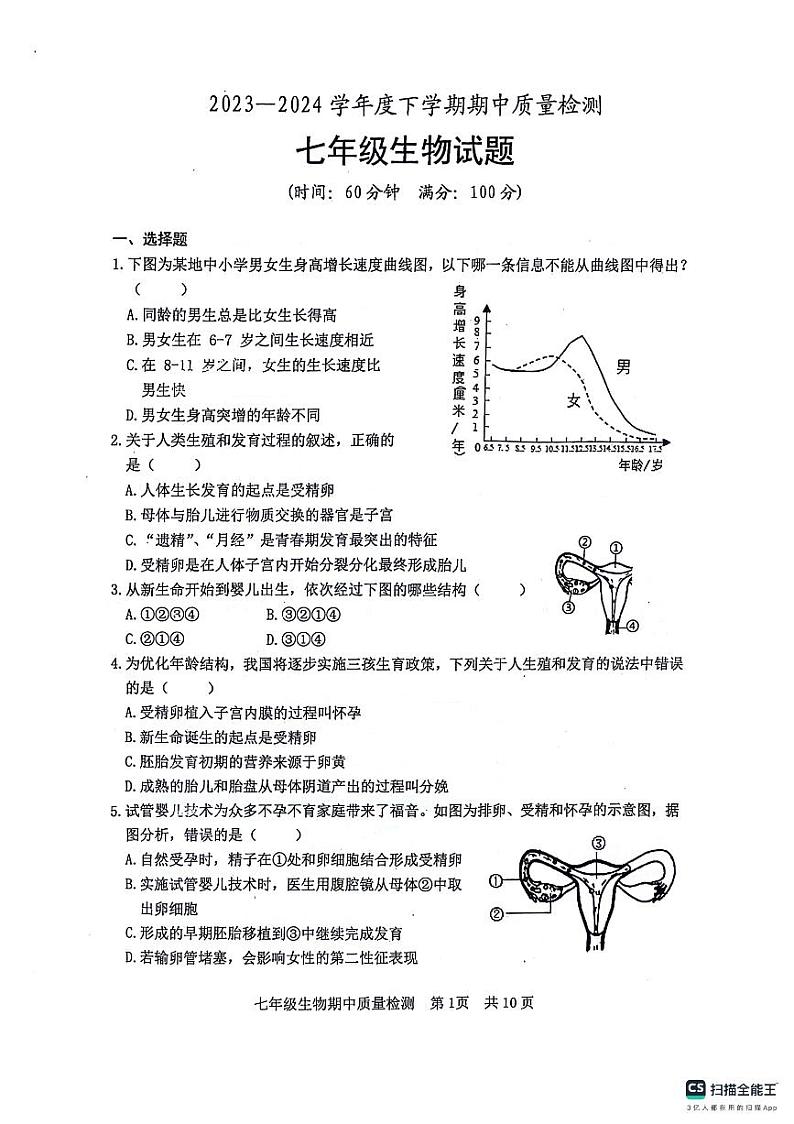 山东省日照市东港区日照港中学2023-2024学年七年级下学期期中考试生物试卷第1页