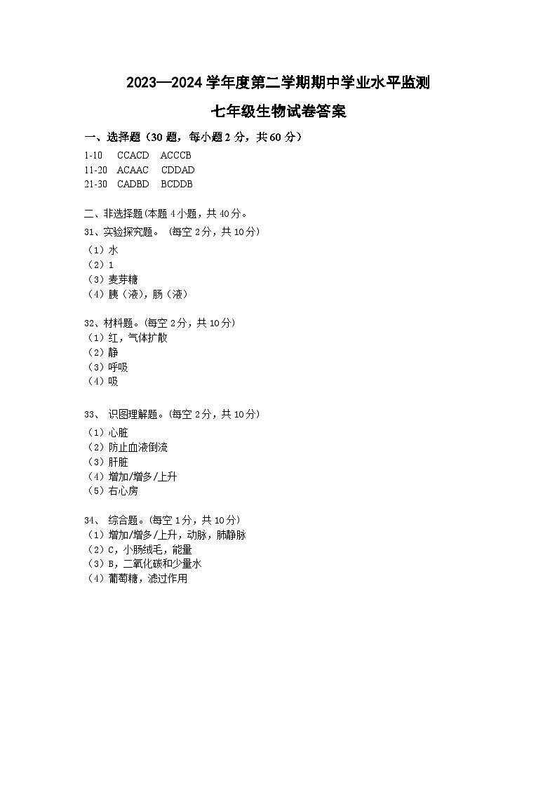广东省韶关市新丰县2023-2024学年七年级下学期期中考试生物试题01