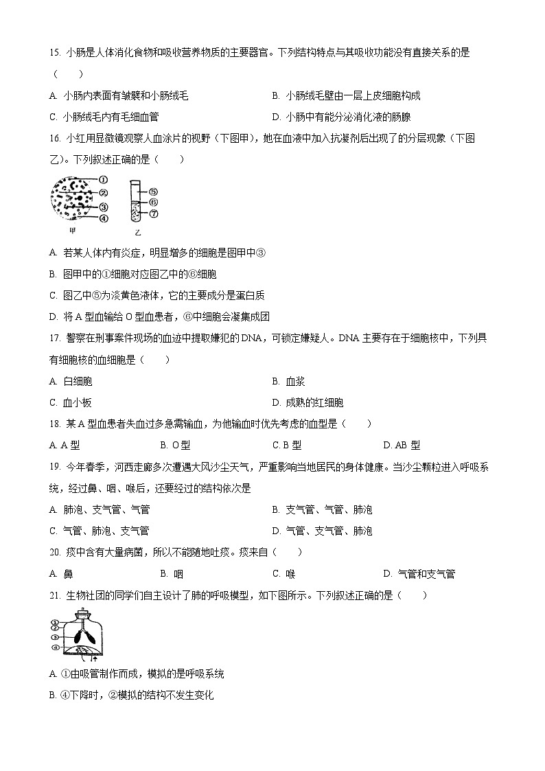 江苏省盐城市康居路初中教育集团2023-2024学年七年级下学期期中生物试题（原卷版）第3页