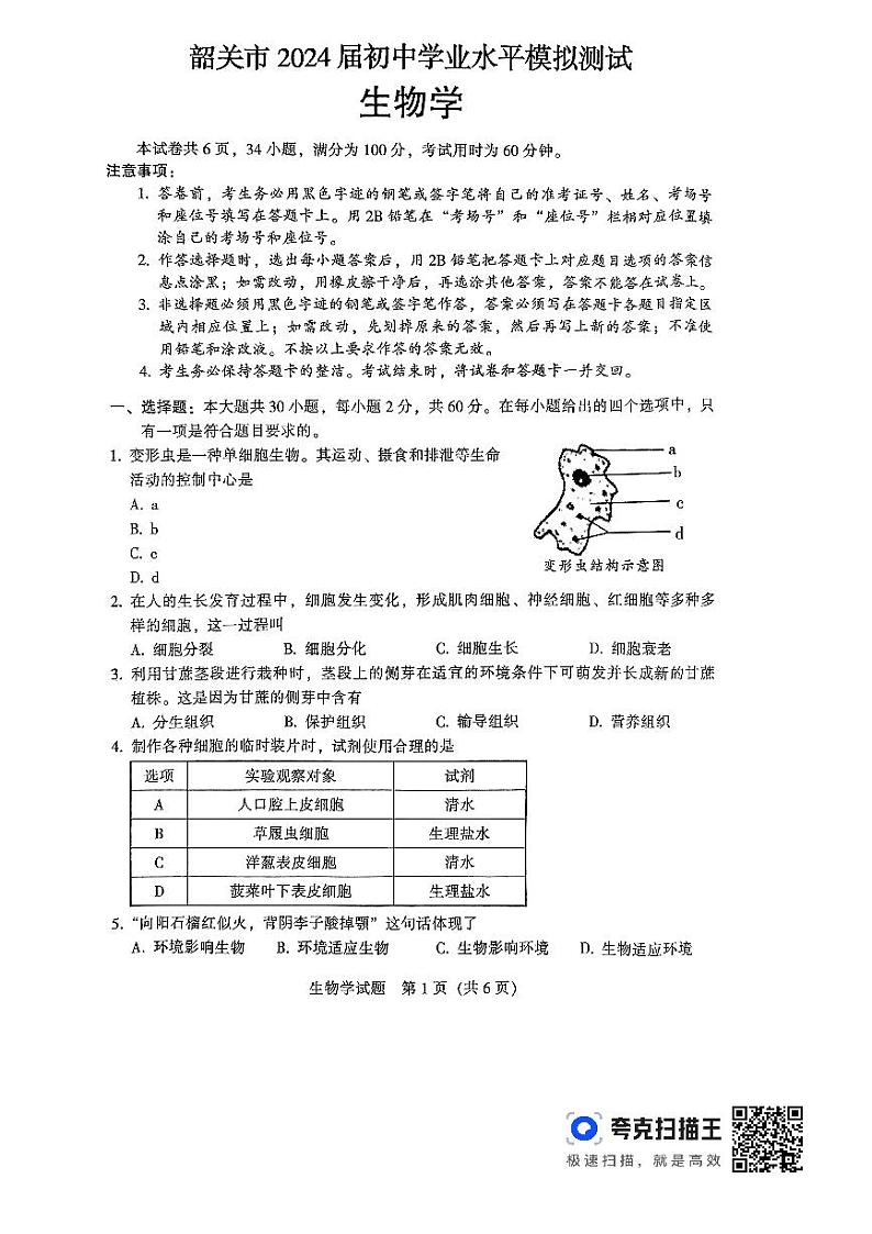 2024年广东省韶关市中考一模生物试题01