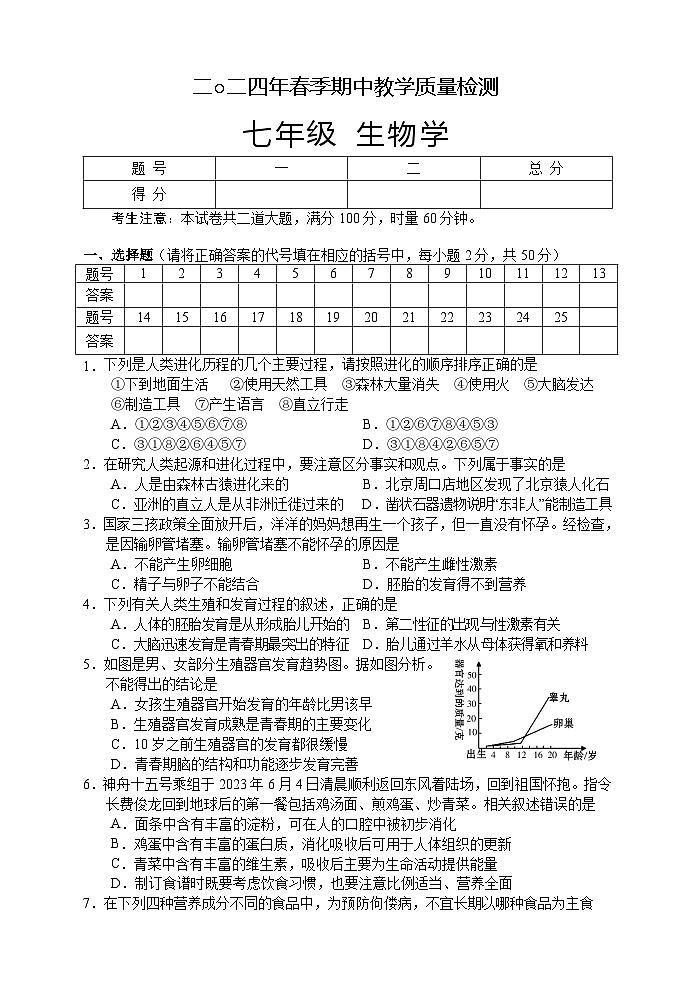 湖南省张家界市慈利县2023-2024学年七年级下学期期中考试生物试题第1页