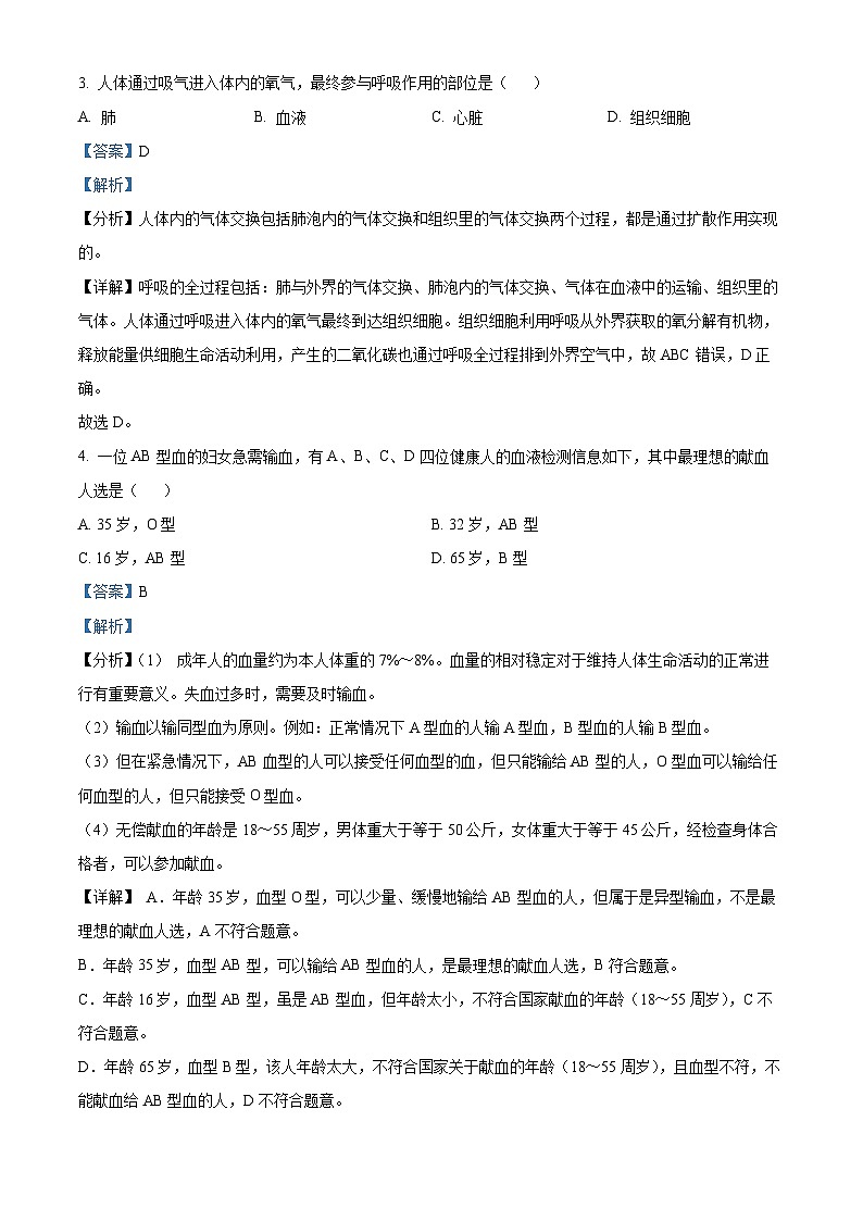 福建省福州市屏东中学2023-2024学年七年级下学期期中生物试题（原卷版+解析版）02