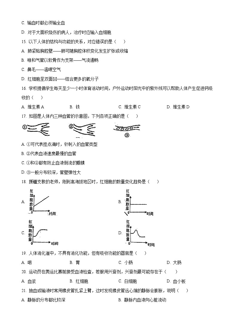 福建省福州市屏东中学2023-2024学年七年级下学期期中生物试题（原卷版+解析版）03