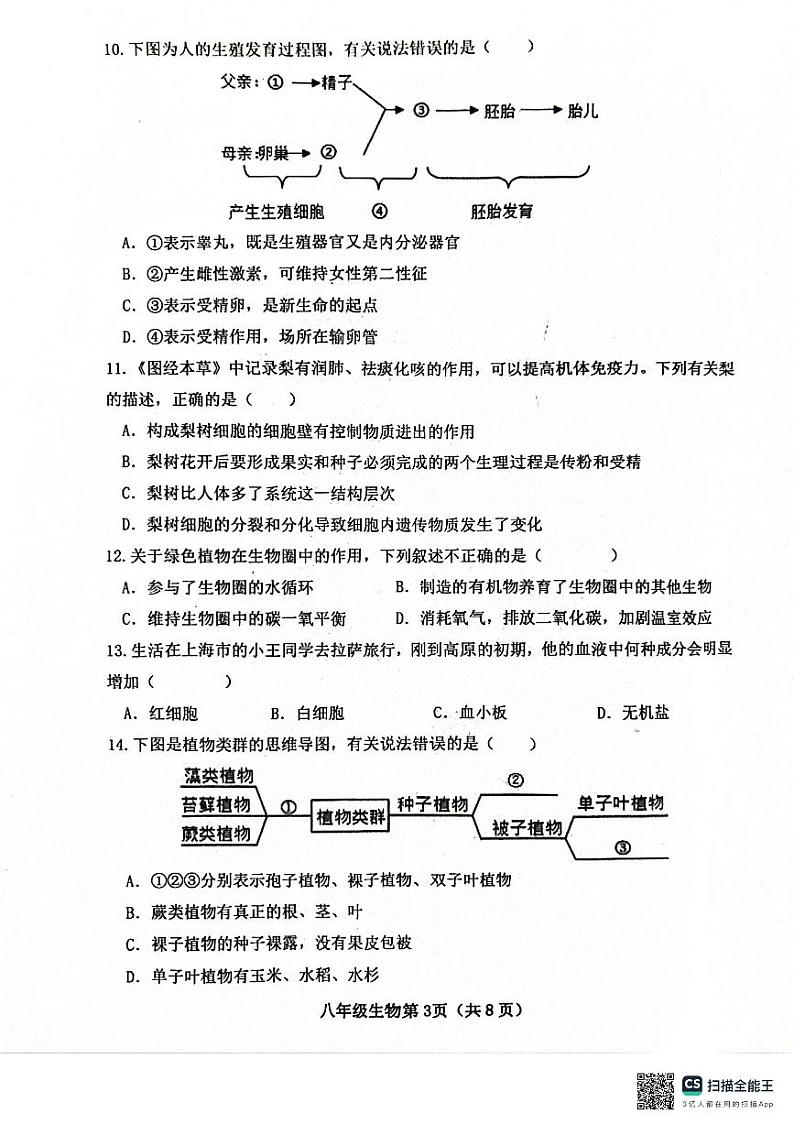山西省晋中市太谷区2023-2024学年八年级下学期期中考试生物试题第3页