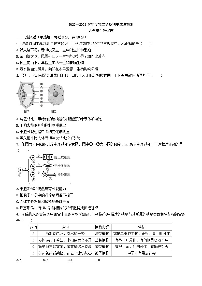 山东省济南市历城区2023-2024学年八年级下学期期中考试生物试题第1页