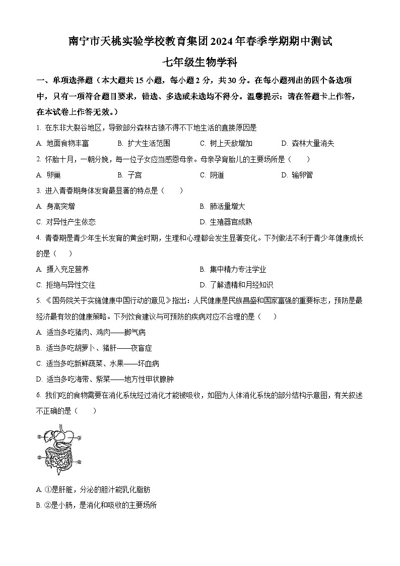 广西南宁市天桃实验学校2023-2024学年七年级下学期期中生物试题（原卷版）第1页