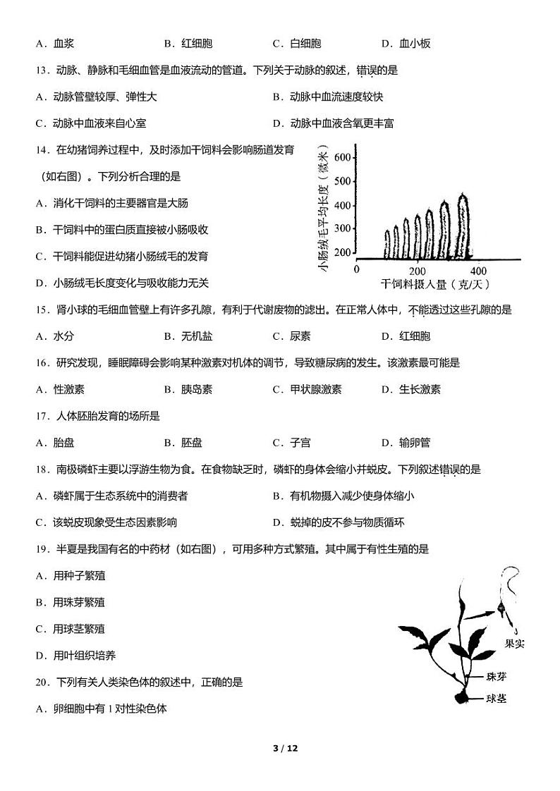2022北京海淀初二下学期月考一模生物试题及答案03