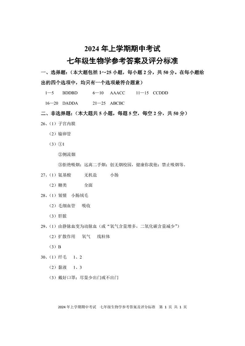 期中考试试卷 七年级生物 参考答案第1页