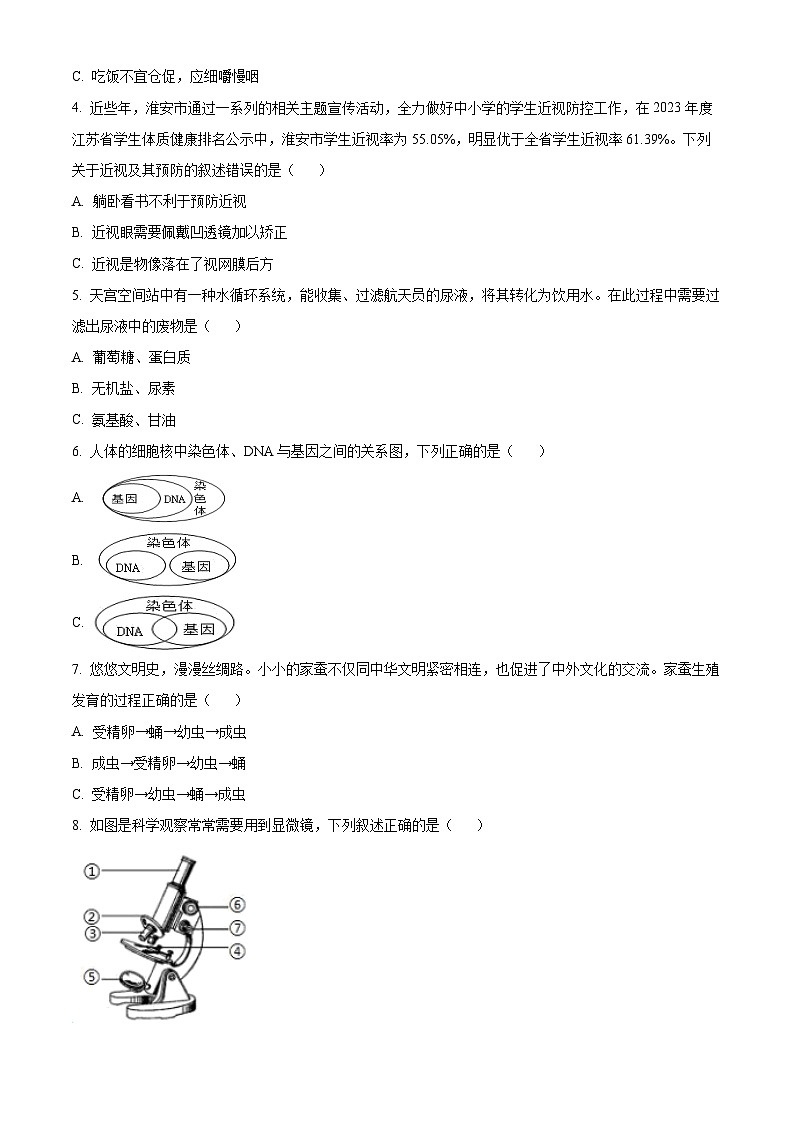 2024年江苏省淮安市经济技术开发区中考模拟生物试题（原卷版）第2页