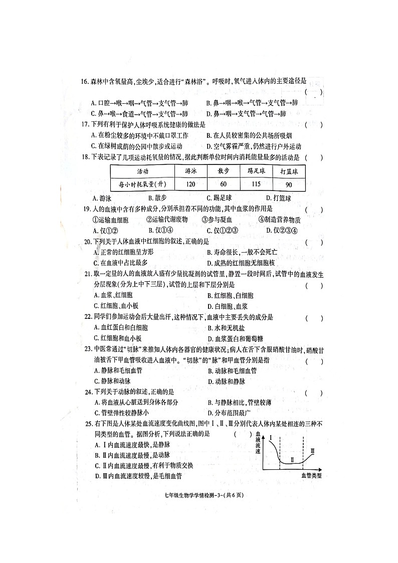 陕西省渭南市韩城2023--2024学年七年级下学期期中考试生物试题第3页