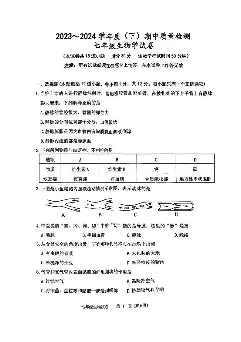 辽宁省铁岭市铁岭县2023-2024学年七年级下学期5月期中生物试题第1页