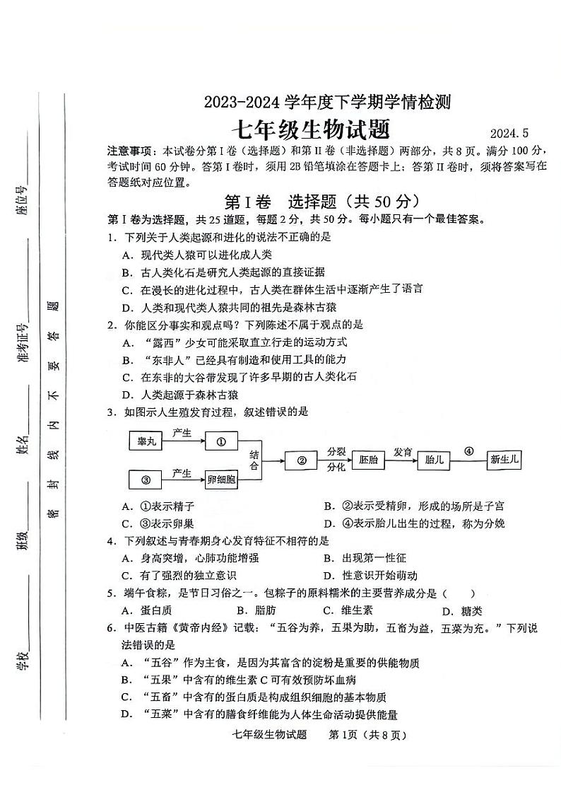 山东省临沂市临沭县2023-2024学年七年级下学期5月期中生物试题第1页