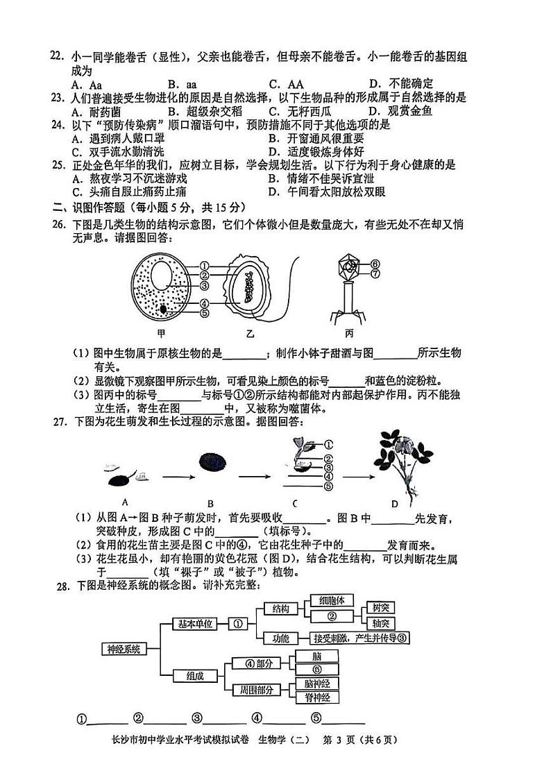 2024年湖南省长沙市初中学业水平考试模拟卷（二）生物试卷03