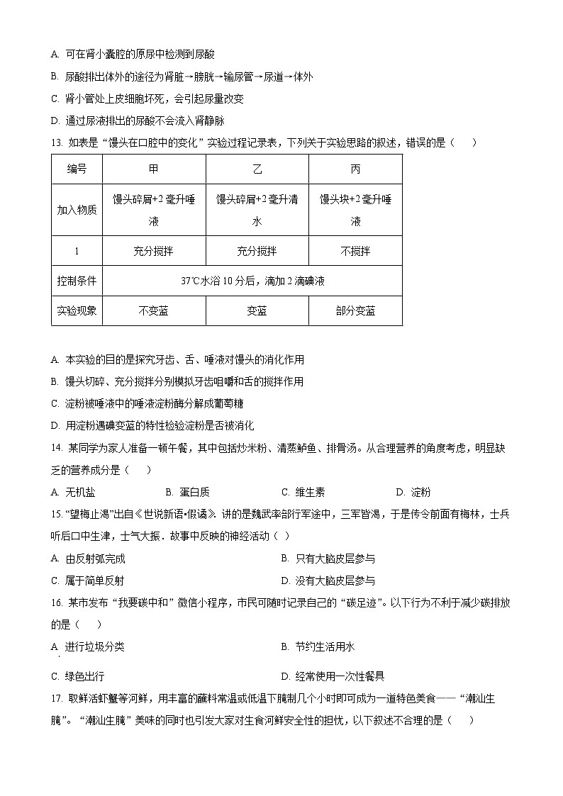 广东省潮州市2023-2024学年八年级下学期期中生物试题（原卷版+解析版）03