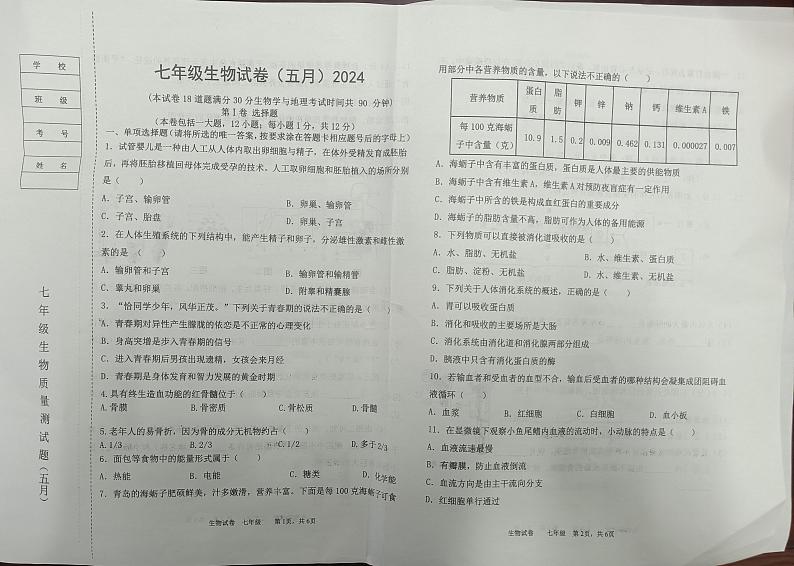 辽宁省鞍山市铁西区校联考2023-2024学年七年级下学期5月期中生物试题第1页