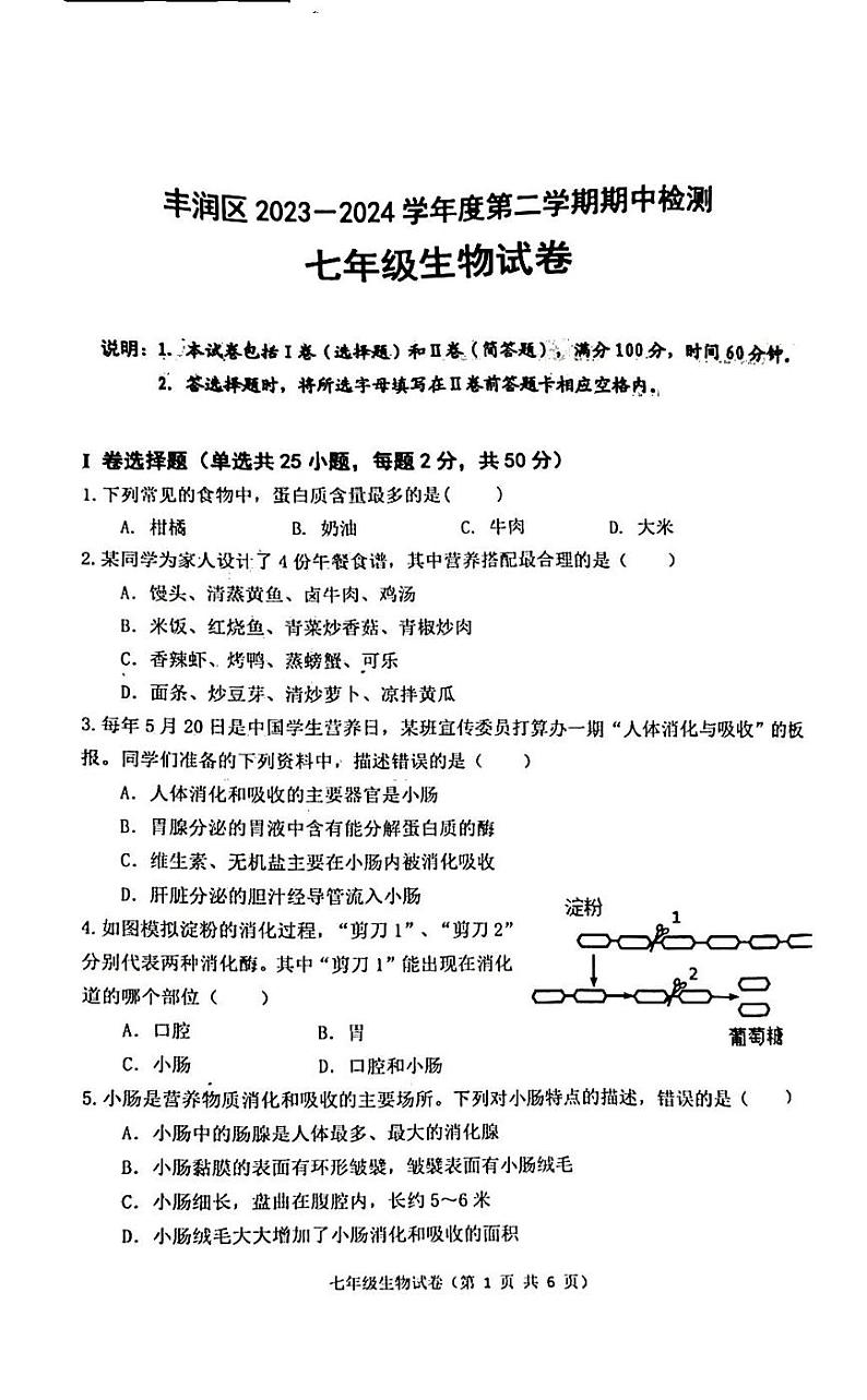 河北省唐山市丰润区2023-2024学年七年级下学期5月期中生物试题01