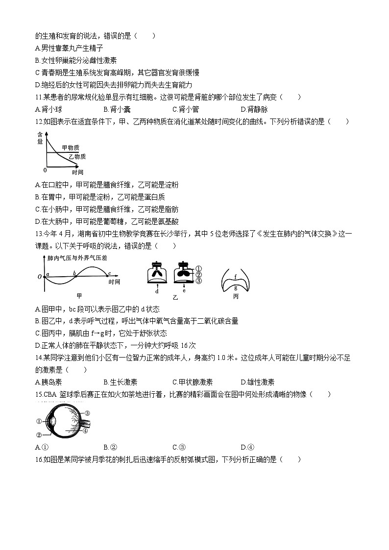 2024年湖南省郴州市中考二模考试生物试题(无答案)第3页
