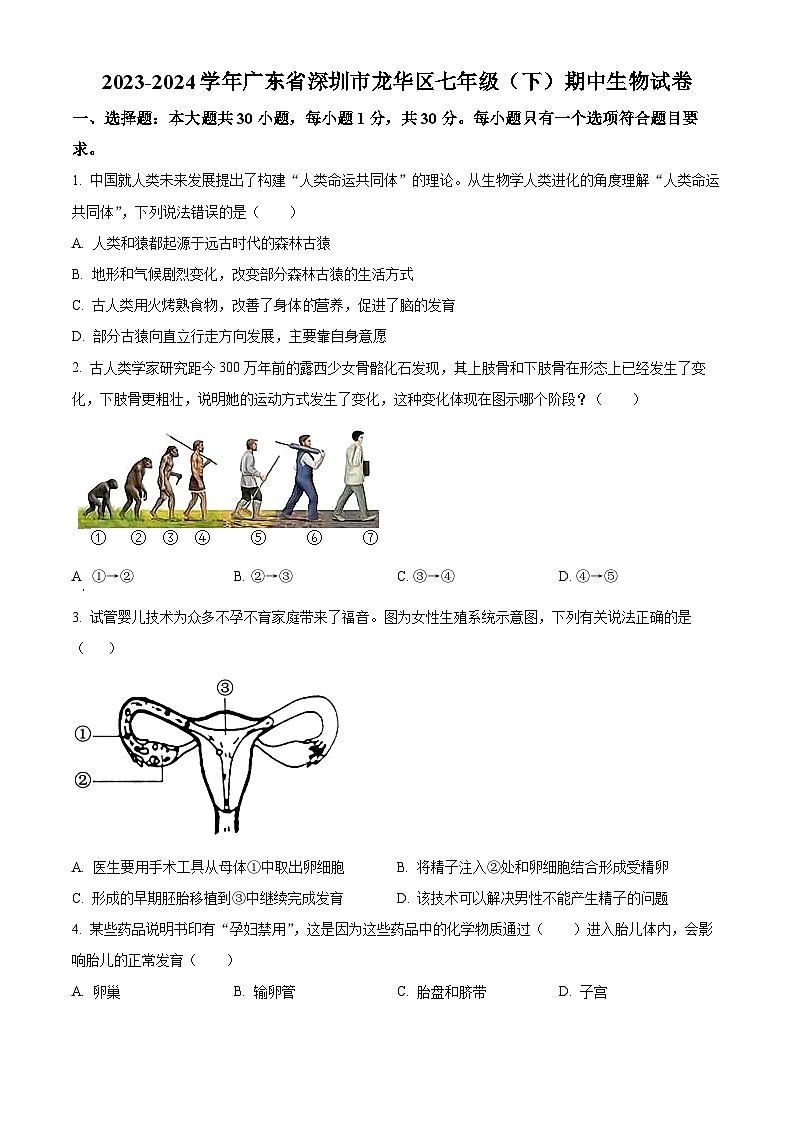 广东省深圳市龙华区2023-2024学年七年级下学期期中生物试题（原卷版+解析版）01