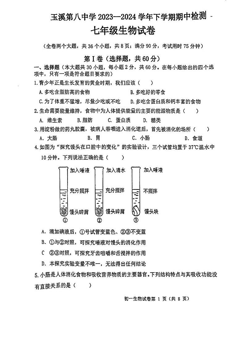 云南省玉溪市玉溪五中，玉溪八中五校2023-2024学年七年级下学期5月期中生物试题01