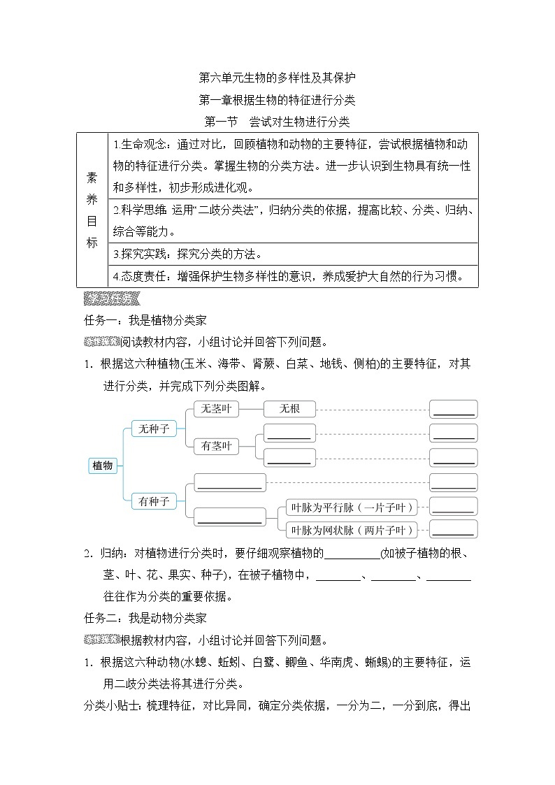 6.1.1尝试对生物进行分类导学案-2023--2024学年人教版生物八年级上册01