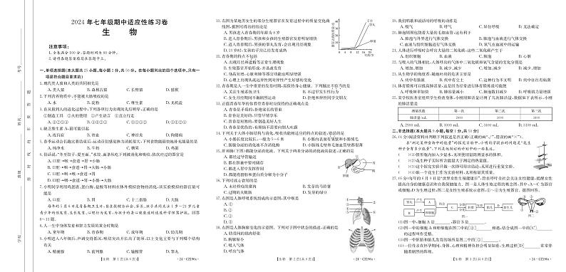 福建省泉州德化市2023-2024学年七年级下学期期中考试生物试题01