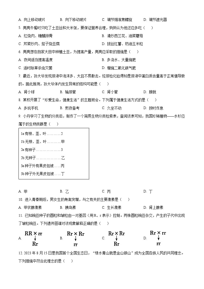 2024年山西省晋中市太谷区多校中考三模生物试题（原卷版）第2页