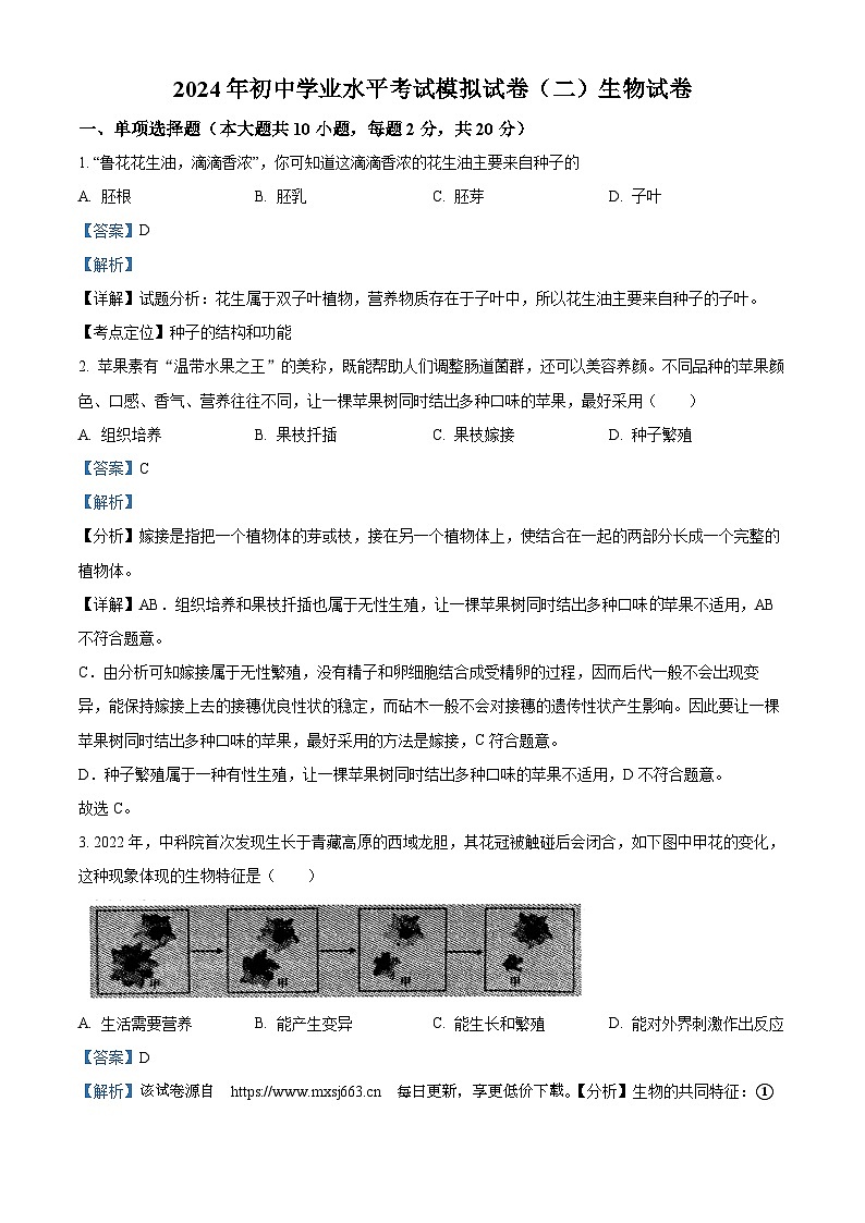 2024年甘肃省酒泉市中考二模生物试题第1页