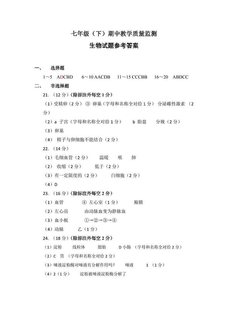 四川省眉山市仁寿县天府新区2023-2024学年七年级下学期4月期中生物试题01