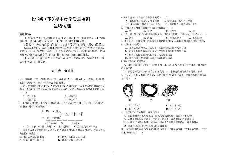 四川省眉山市仁寿县天府新区2023-2024学年七年级下学期4月期中生物试题01