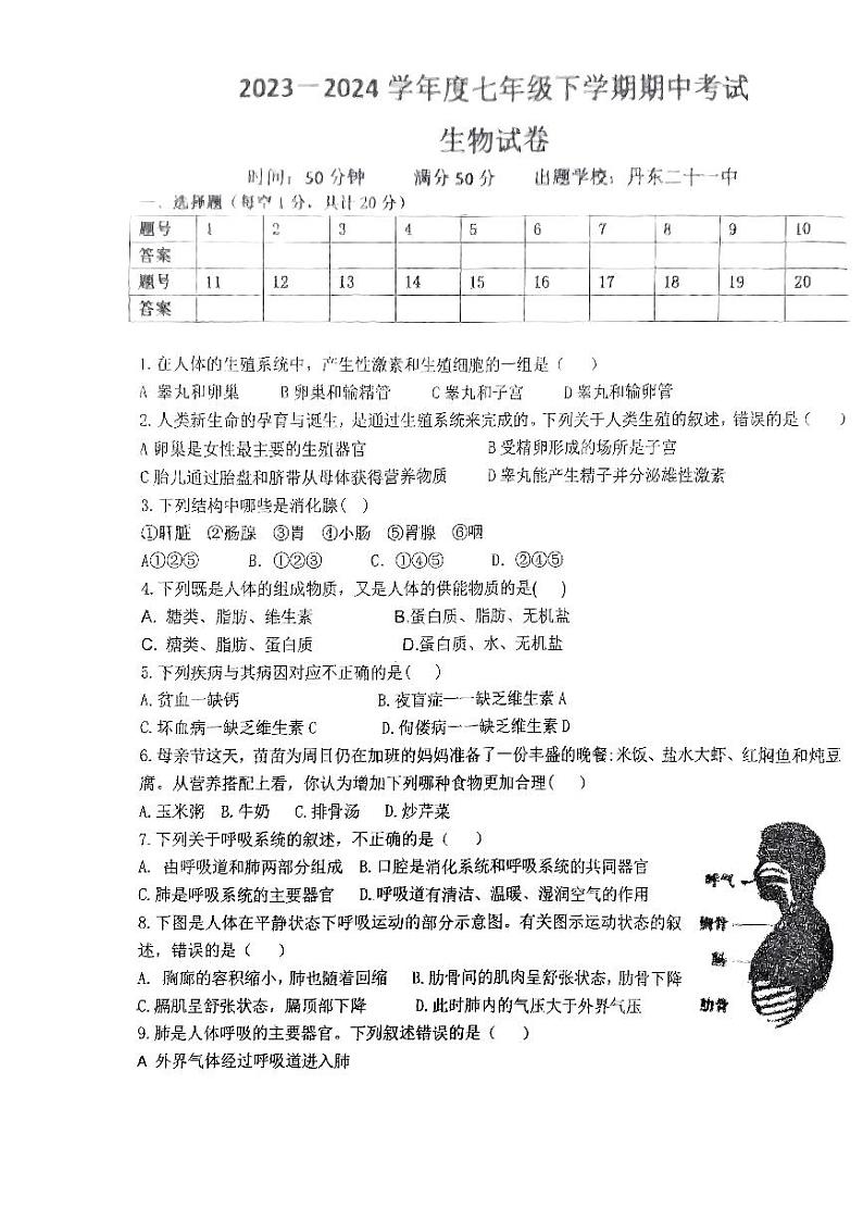 辽宁省丹东市九校联考2023—2024学年七年级下学期期中生物试卷第1页