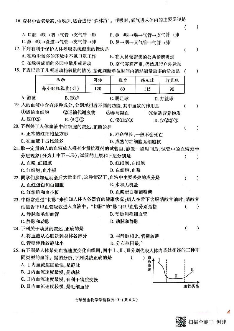 陕西省韩城市2023-2024学年七年级下学期期中调研卷生物试题第3页