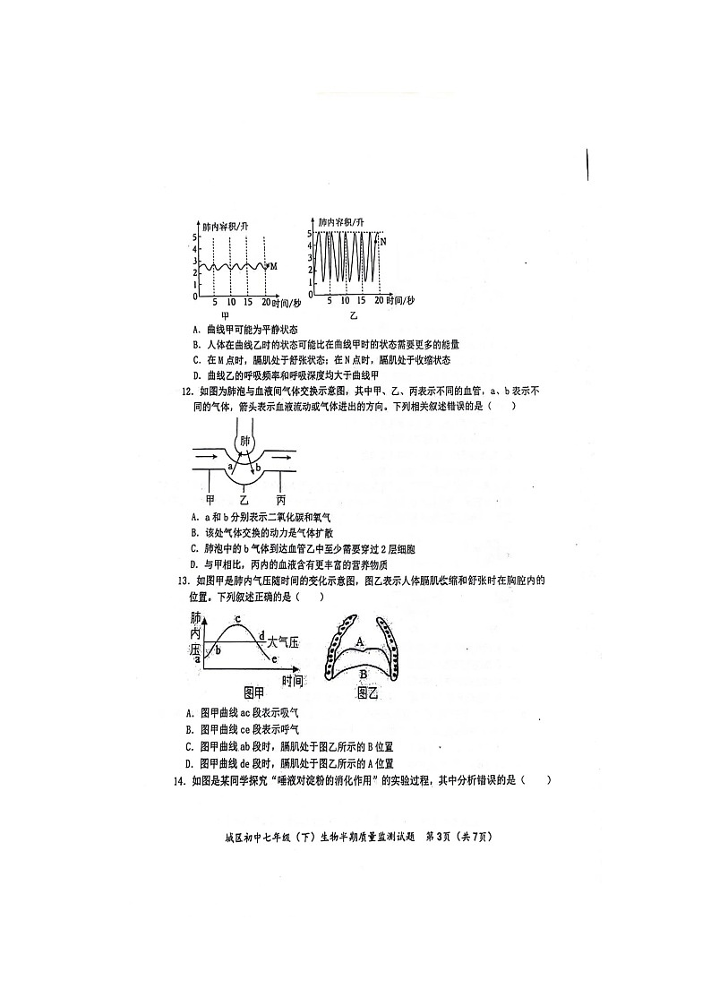 四川省眉山市仁寿县城区初中2023--2024学年七年级生物下学期期中生物测试题第3页