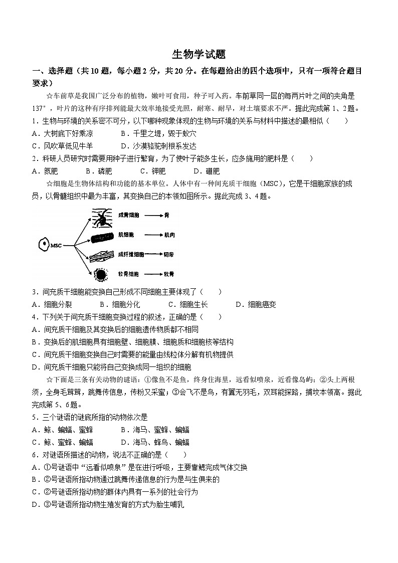2024年湖北省钟祥市中考一模考试生物试题01