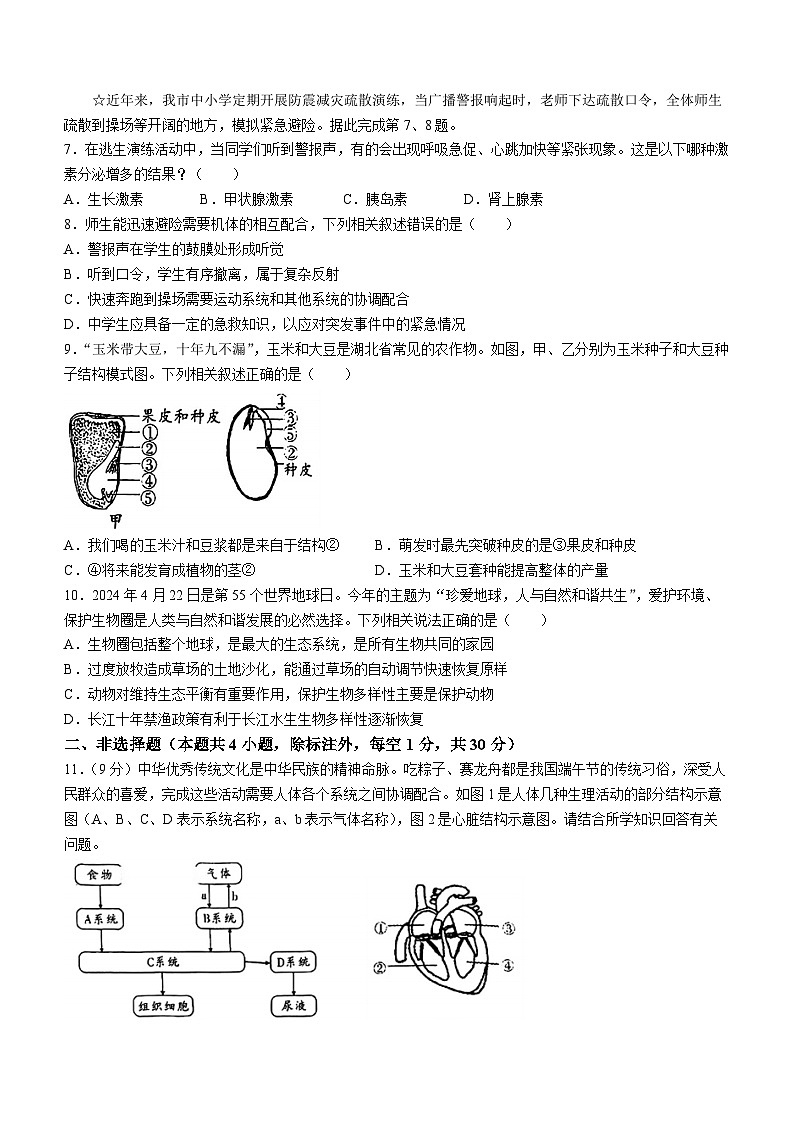2024年湖北省钟祥市中考一模考试生物试题02