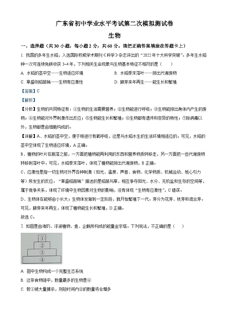 2024年广东省东莞市中考二模生物试题（原卷版+解析版）01