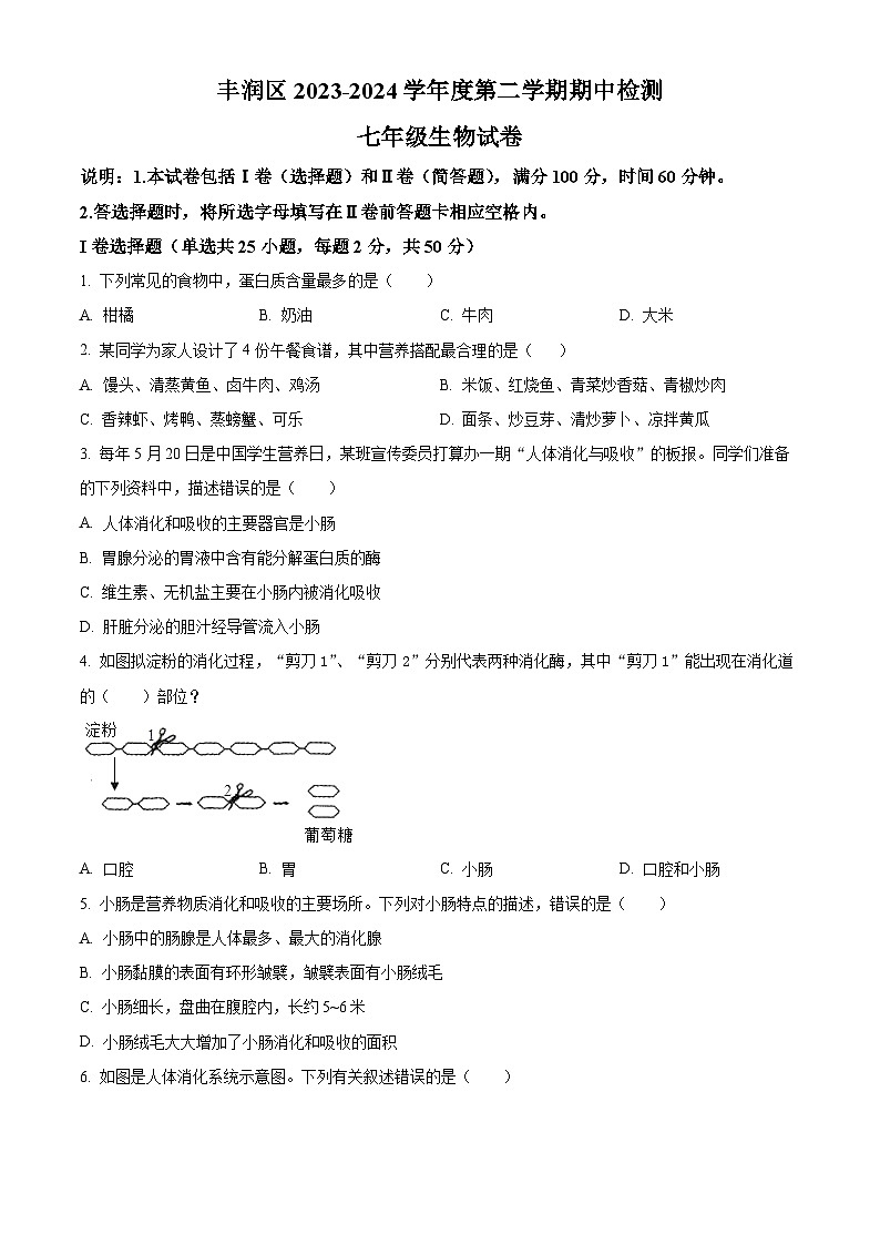 河北省唐山市丰润区2023-2024学年七年级下学期期中生物试题（原卷版+解析版）01