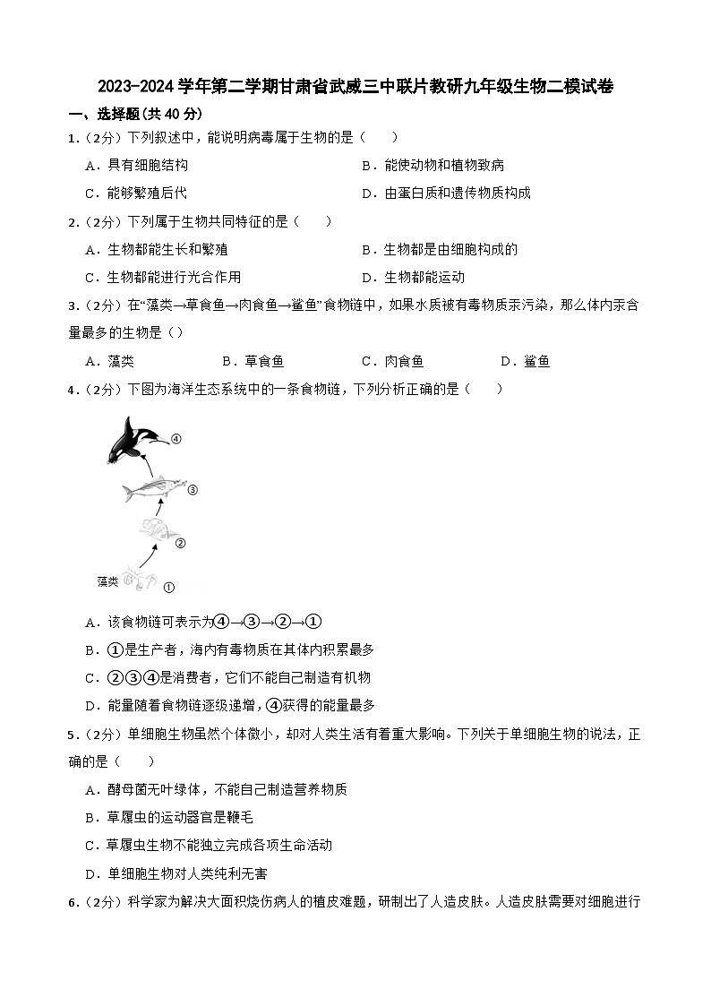 2024年甘肃省武威三中九年级教研联片二模生物试题01