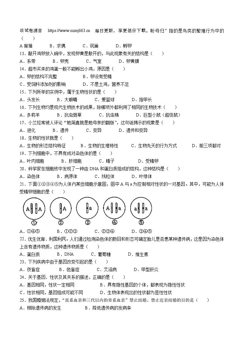 广东省潮阳区多校联考2023--2024学年八年级下学期期中考试生物试题(无答案)02