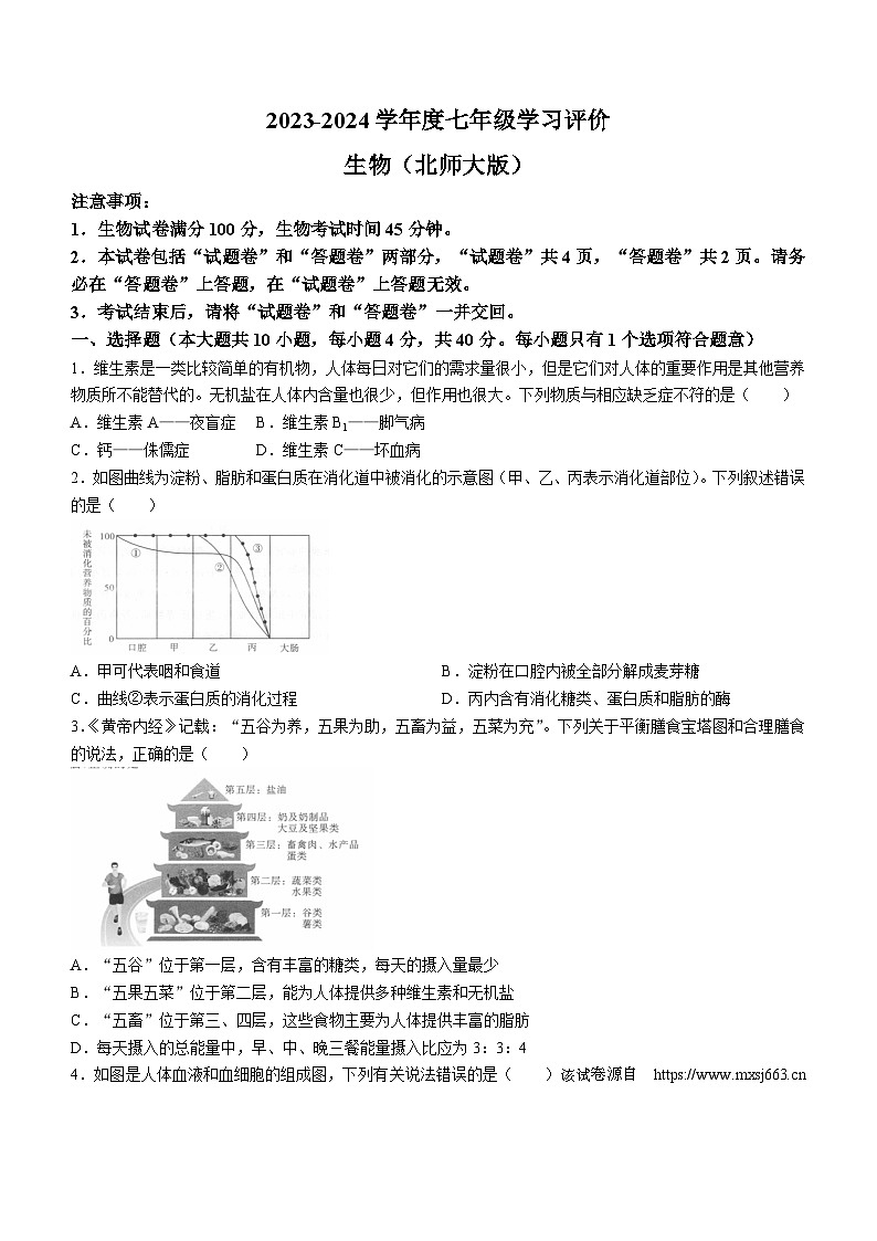 安徽省阜阳市临泉县中学联考2023-2024学年七年级下学期4月期中生物试题01