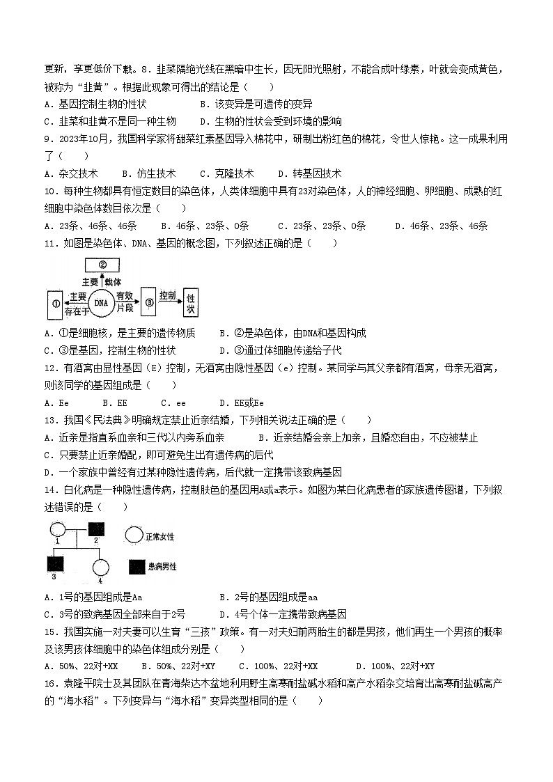 广东省深圳市福田区红岭实验学校(上沙)2023-2024学年八年级下学期4月期中生物试题(无答案)第2页