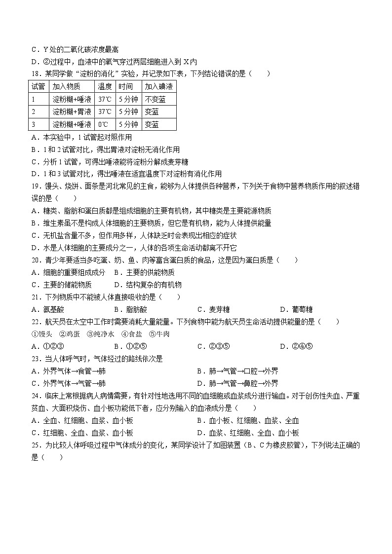 河北省廊坊市霸州市2023-2024学年七年级下学期4月期中生物试题(无答案)03