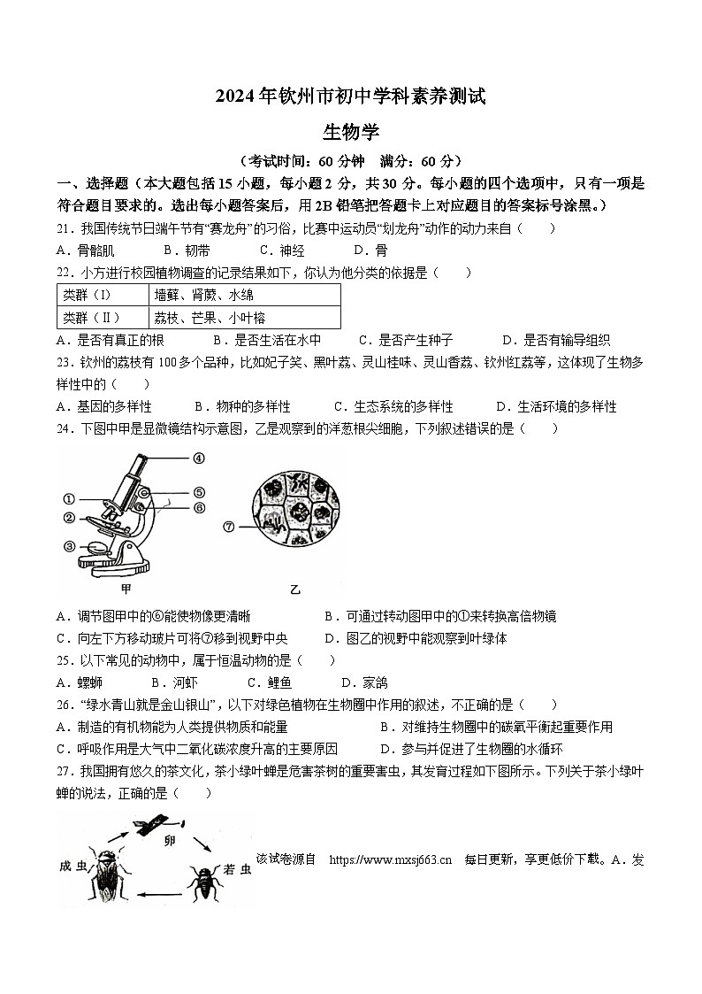 ，2024年广西壮族自治区钦州市八年级中考一模生物试题(无答案)01