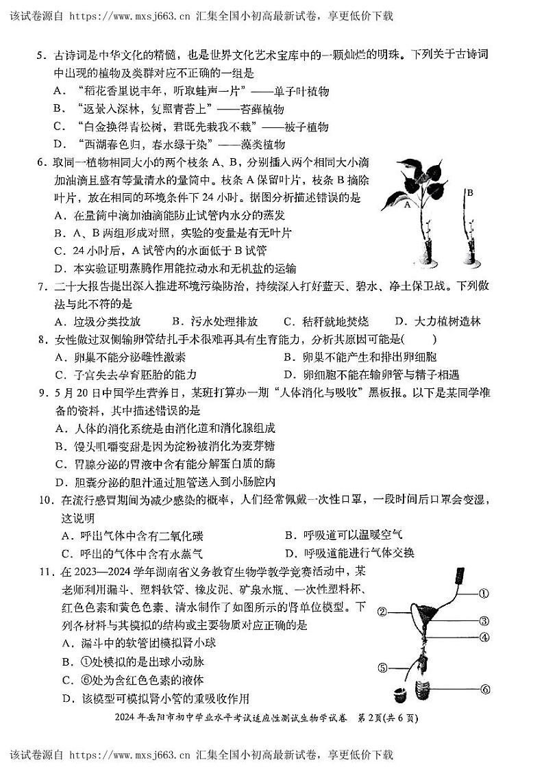 ，2024年湖南省岳阳市九年级中考一模生物试题02