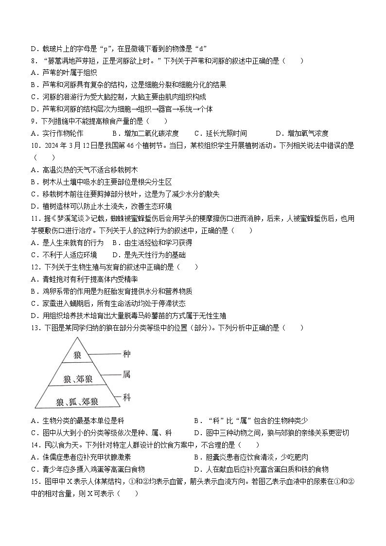 ，2024年江西省九江市瑞昌市八年级中考模拟生物试题02
