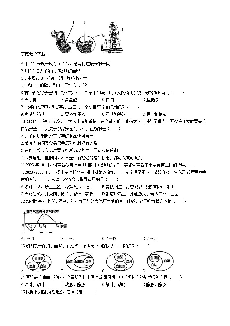 ，广东省珠海市第十六中2023-2024学年七年级下学期期中质量监测生物试题(无答案)第2页