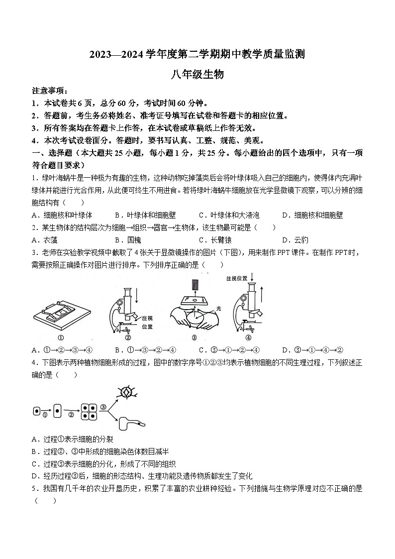 ，河北省雄安新区2023-2024学年八年级下学期期中考试生物试卷01