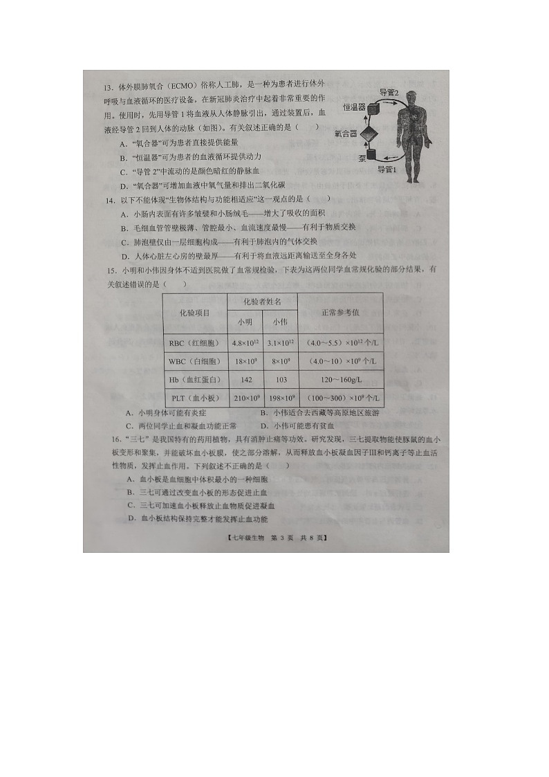 ，山东省德州市第五中学2023-2024学年七年级下学期期中考试生物试题第3页