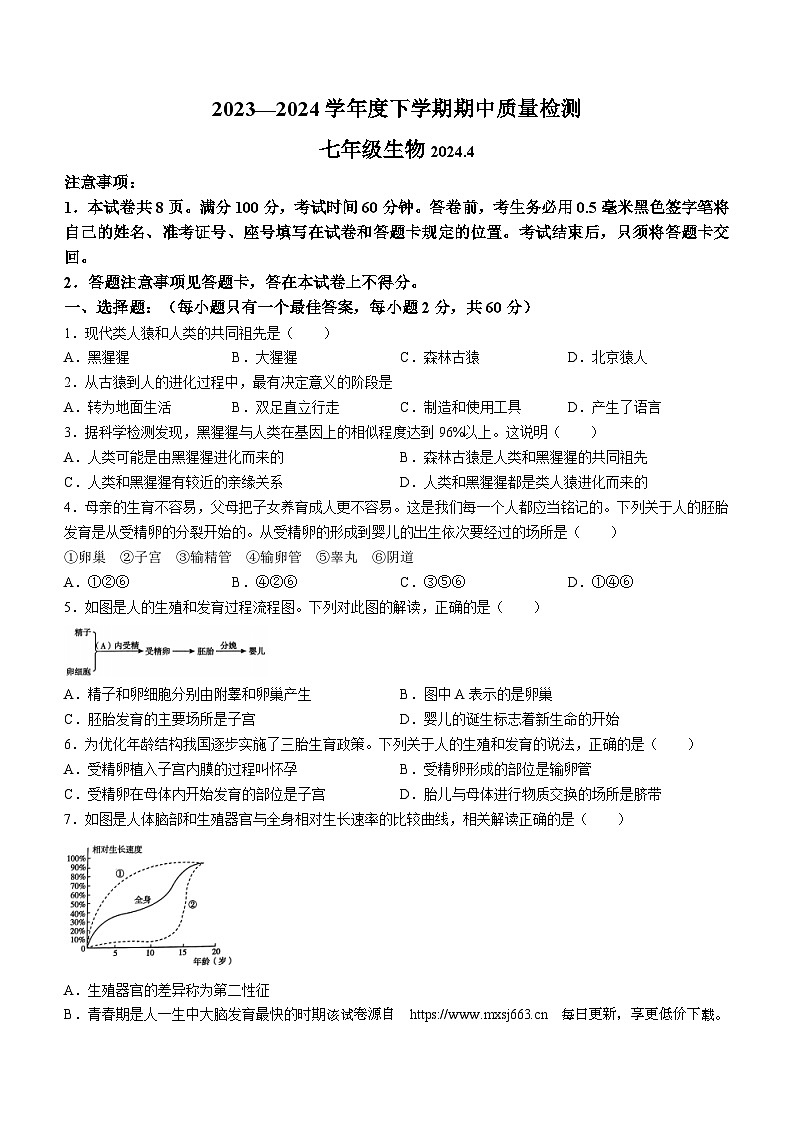 ，山东省临沂市费县2023-2024学年七年级下学期期中考试生物试题(无答案)01