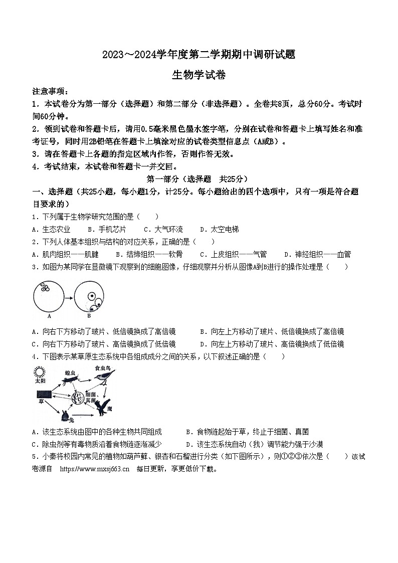 ，陕西省商洛市洛南县2023-2024学年八年级下学期4月期中生物试题(无答案)01
